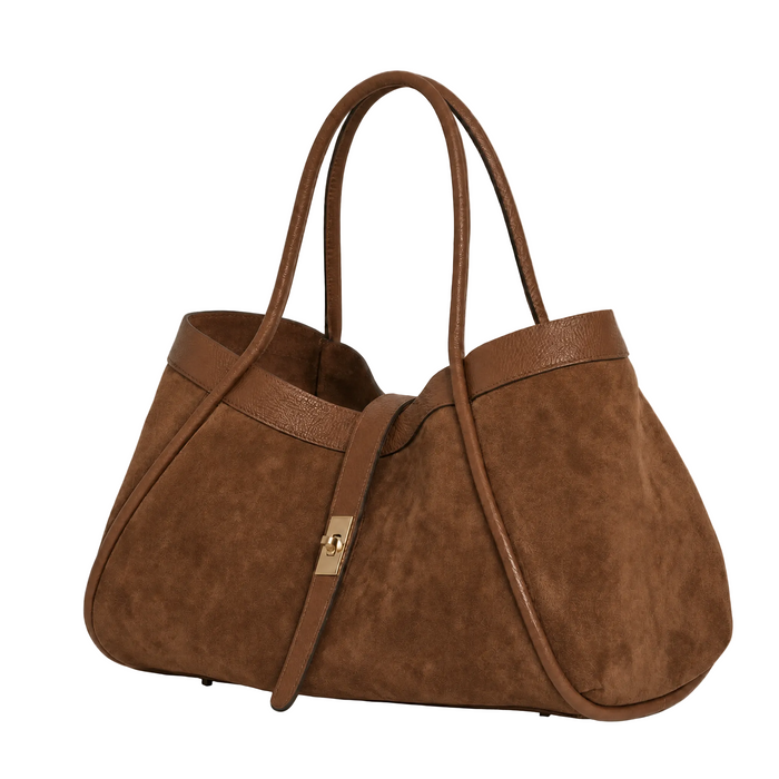 Suede and Leather Double Handle Bag - Toasted Brown