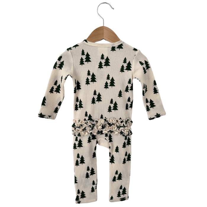 Organic Waffle Ruffle Zip Romper, Forest Green Trees