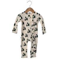 Organic Waffle Ruffle Zip Romper, Forest Green Trees