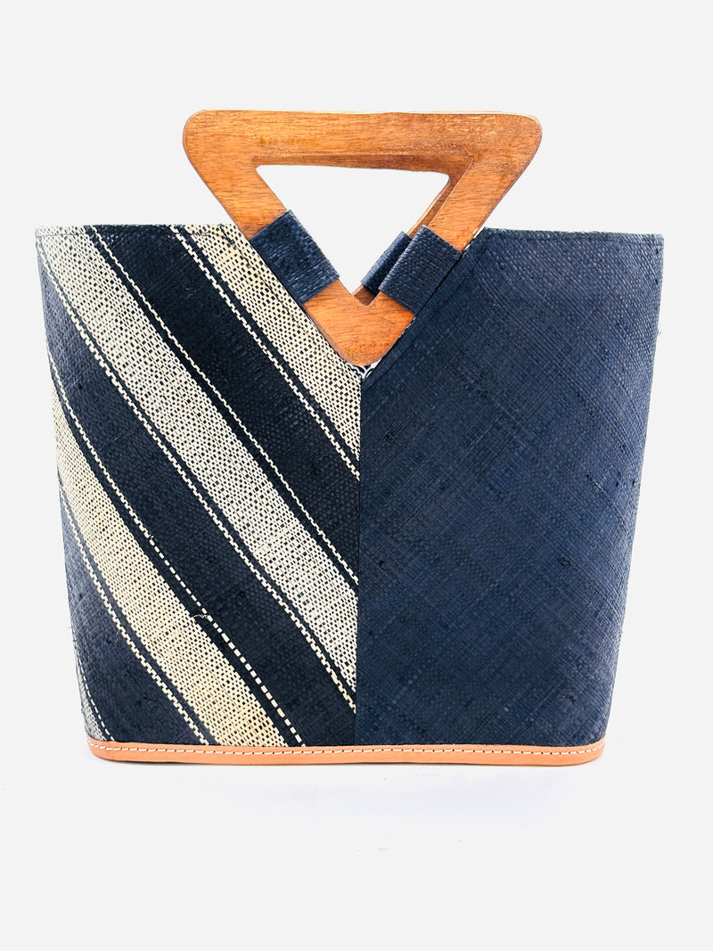 Zuki Two Tone Straw Handbag With Wood Triangle Handle