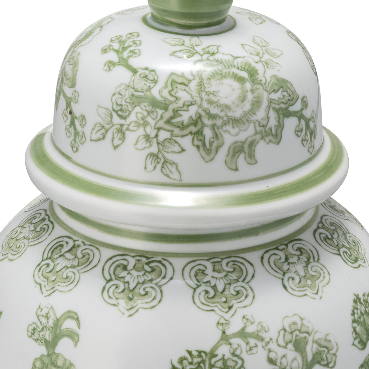 Green/White Floral Round Chinoiserie Vase, 14 in