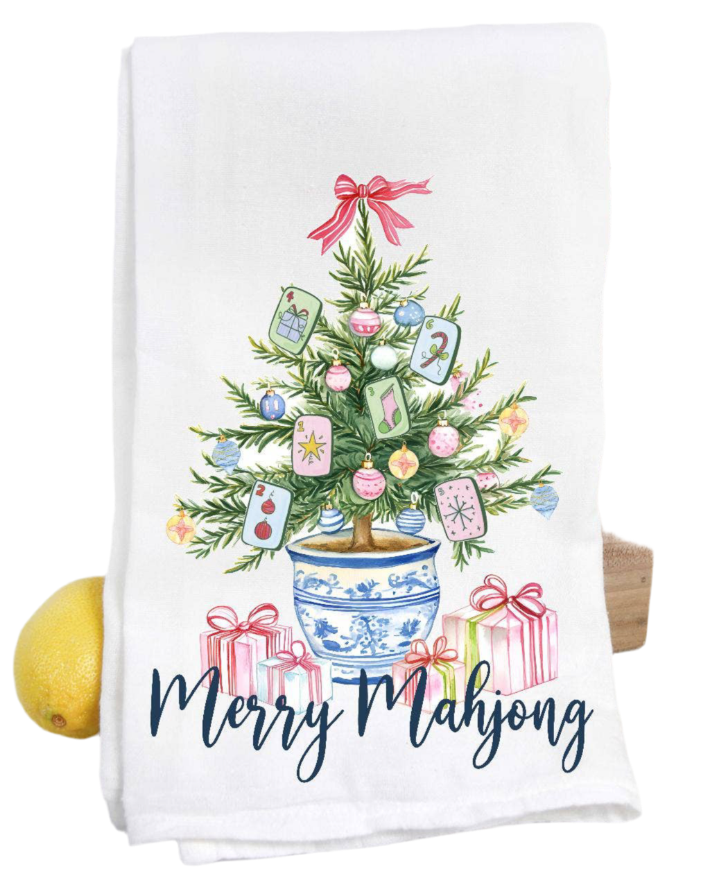 Merry Mahjong Chinoiserie Christmas Tree Tea Towel