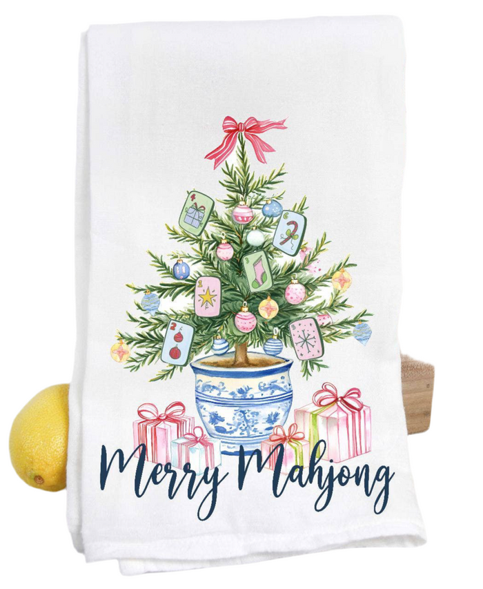 Merry Mahjong Chinoiserie Christmas Tree Tea Towel