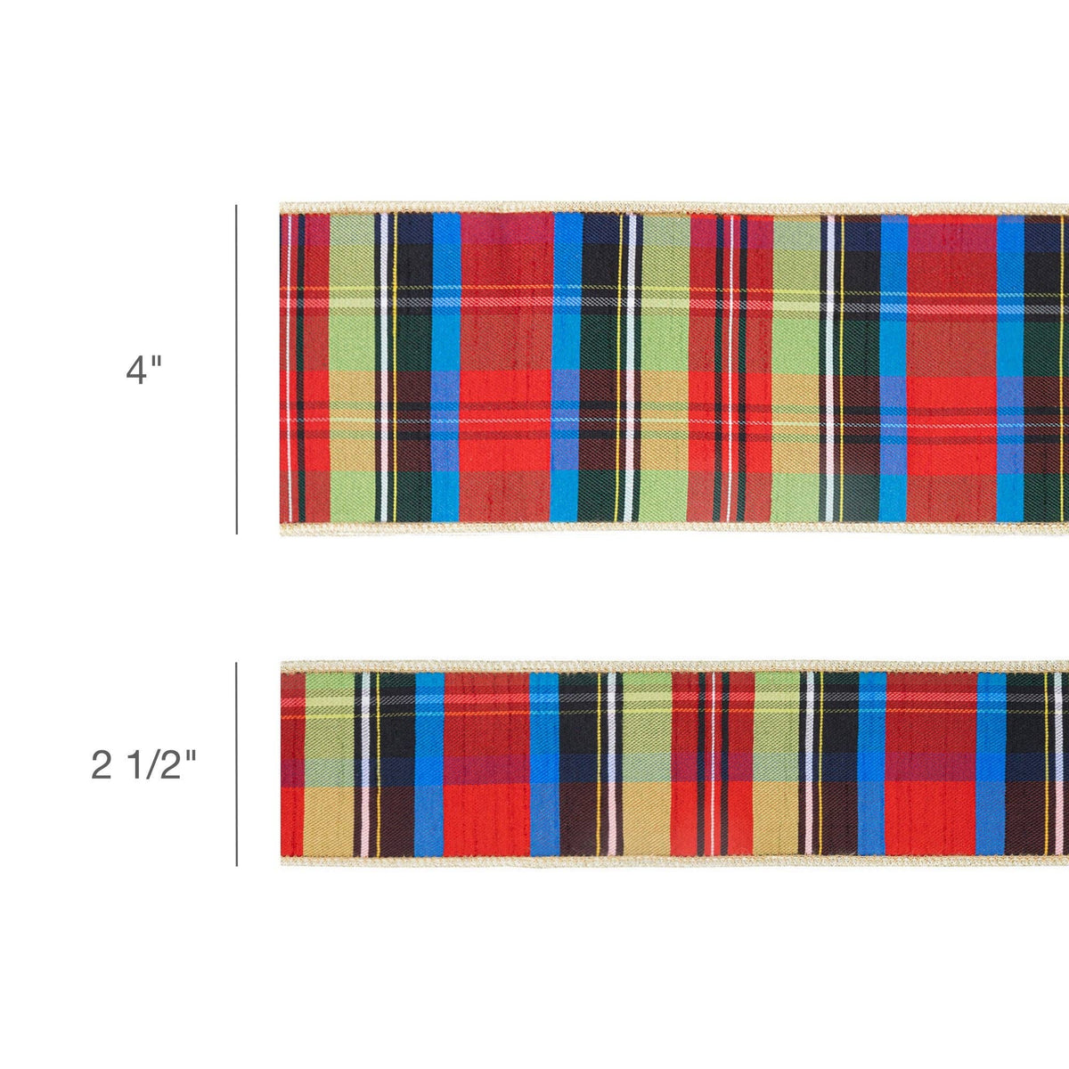 4" Wired Ribbon | Black/Lime/Red/Royal Plaid w/ Gold Backing | 10 Yds