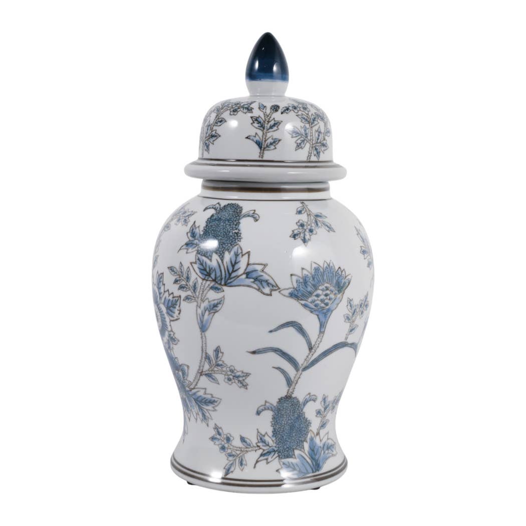 Decorative Jar - Blue/Brown Ceramic Floral Chinoiserie, 15in