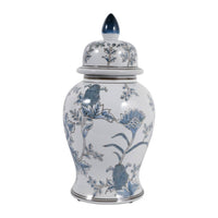 Decorative Jar - Blue/Brown Ceramic Floral Chinoiserie, 15in