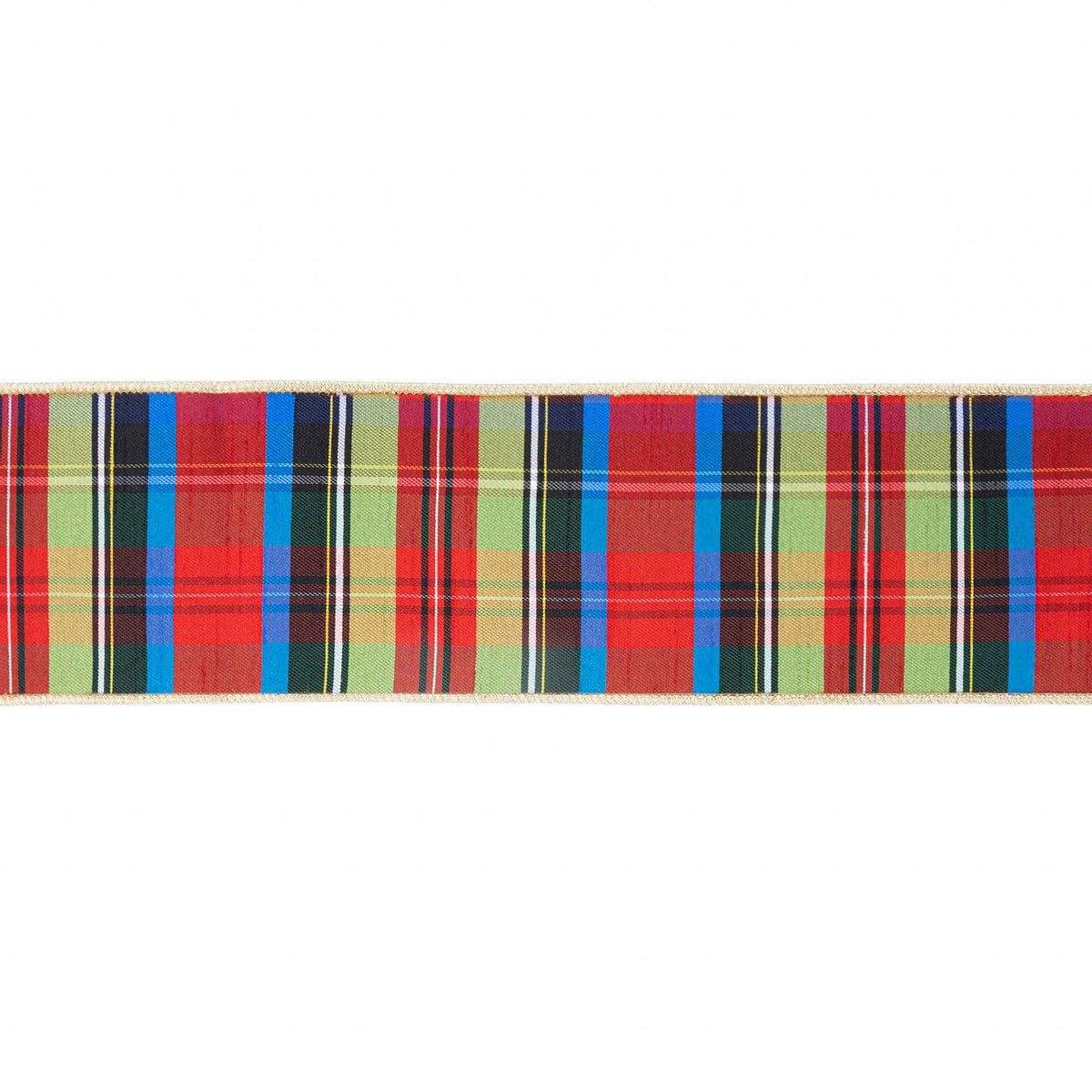 4" Wired Ribbon | Black/Lime/Red/Royal Plaid w/ Gold Backing | 10 Yds