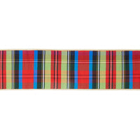 4" Wired Ribbon | Black/Lime/Red/Royal Plaid w/ Gold Backing | 10 Yds