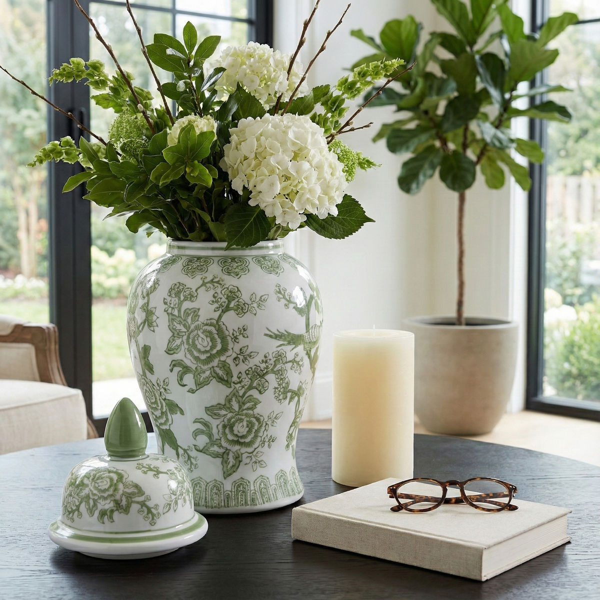 Green/White Floral Round Chinoiserie Vase, 14 in