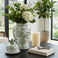 Green/White Floral Round Chinoiserie Vase, 14 in