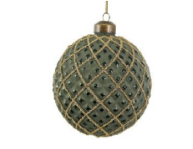 Glass Cone Ball Matte Green w/Gold Beaded Pattern - 4"