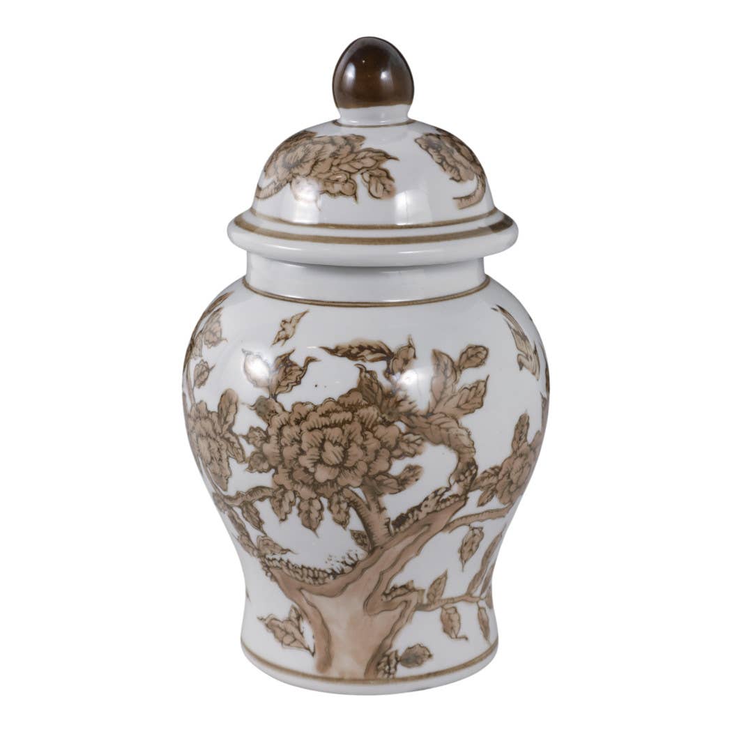 Brown & White Ceramic Tall Vessel with Lid, 8 in.