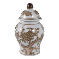Brown & White Ceramic Tall Vessel with Lid, 8 in.