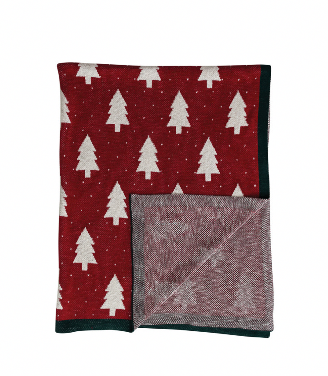 Cotton Knit Throw with Tree & Heart Pattern, Red