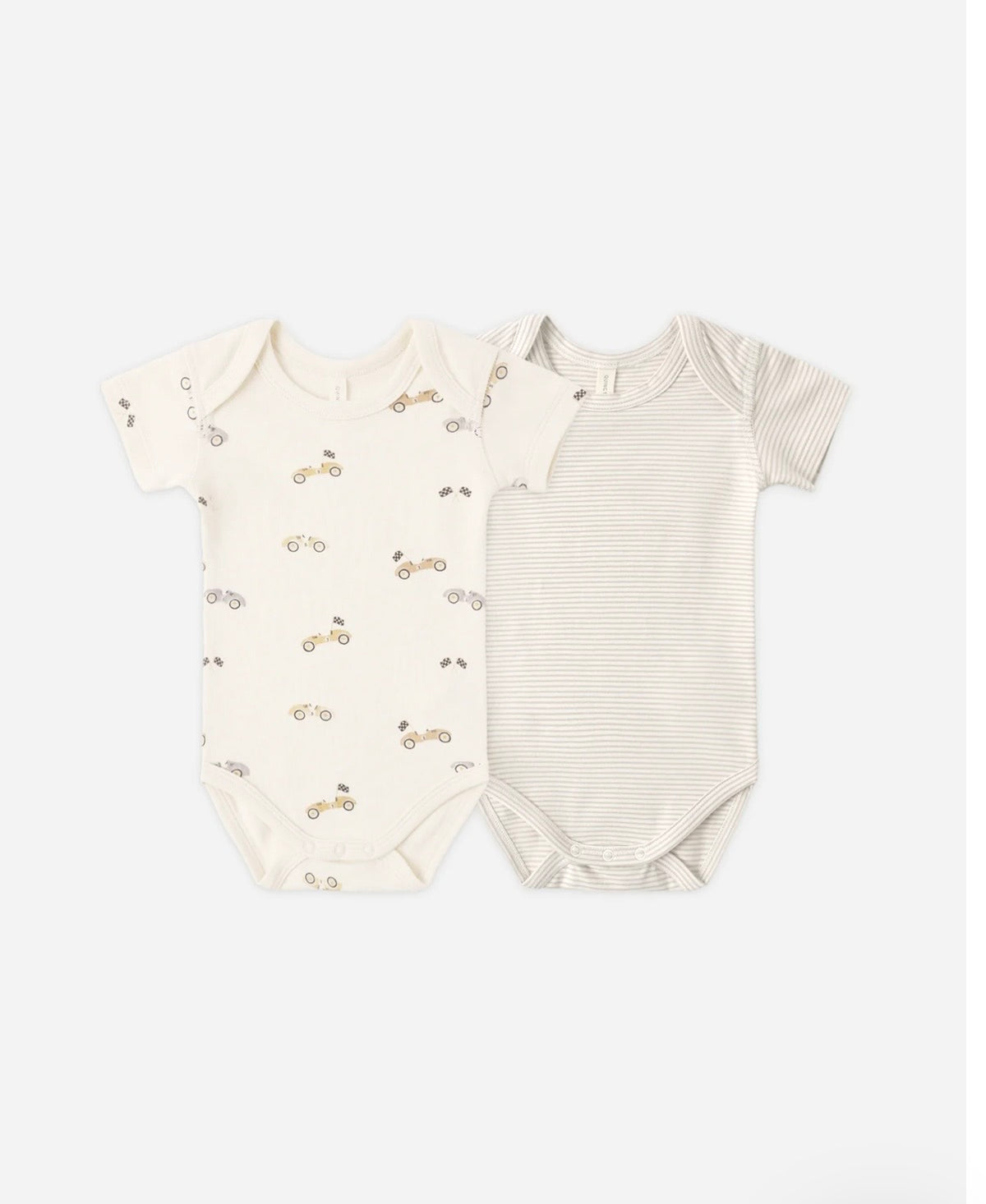 Short Sleeve Body Suit, 2 pack || Race Car / Oat Micro Stripe