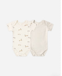 Short Sleeve Body Suit, 2 pack || Race Car / Oat Micro Stripe