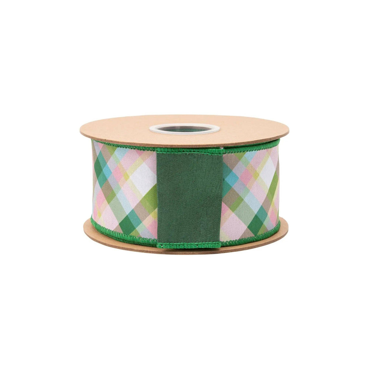 2 1/2" Wired Dupioni Ribbon | Pink And Green Bias Plaid W/ | Green Backing | 10 Yard Roll