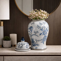 Decorative Jar - Blue/Brown Ceramic Floral Chinoiserie, 15in