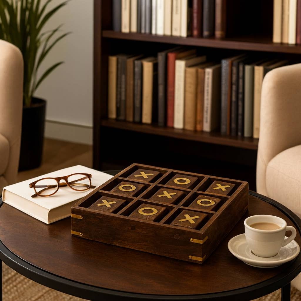 Board Game - Brown Wood/Metal Revolving Tic Tac Toe, 10 in.