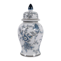 Decorative Jar - Blue/Brown Ceramic Floral Chinoiserie, 15in