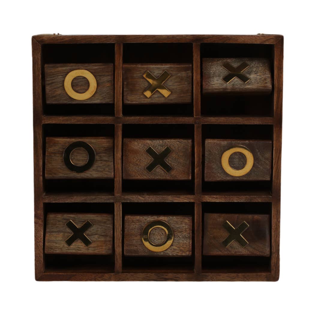 Board Game - Brown Wood/Metal Revolving Tic Tac Toe, 10 in.