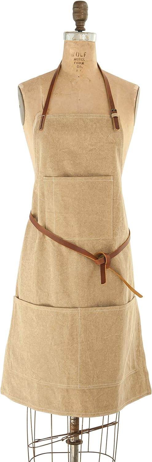 Cotton Canvas Apron w/Pockets & Leather Ties