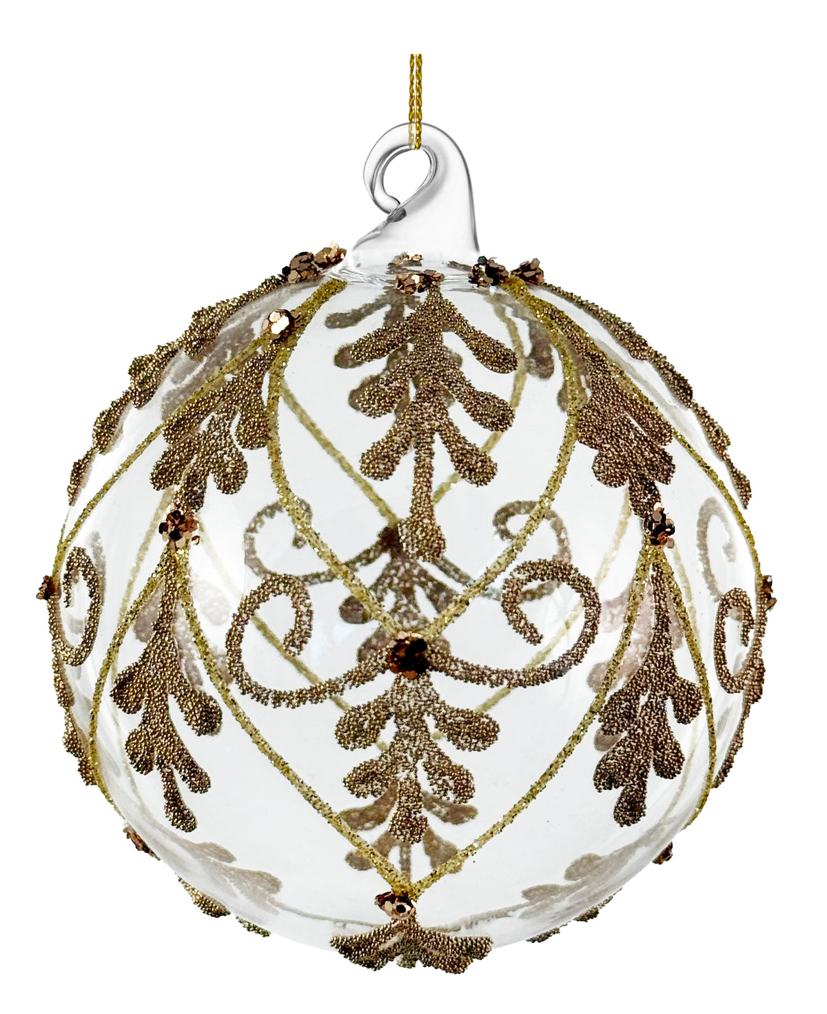 Glass Ball Clear w/Gold Bead Ornament - 3"