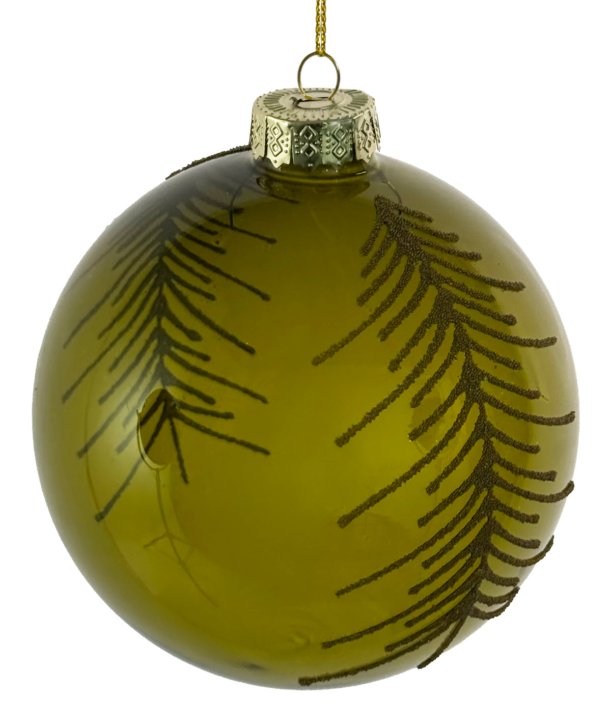 Glass Ball Transparent Green w/Gold Beaded Fir