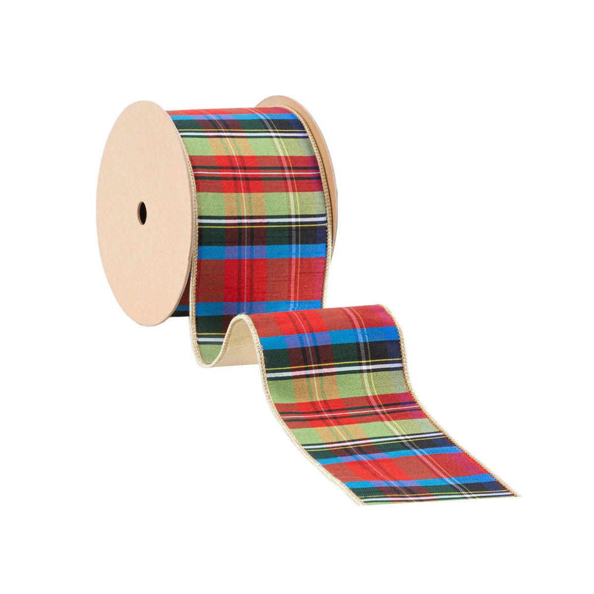 4" Wired Ribbon | Black/Lime/Red/Royal Plaid w/ Gold Backing | 10 Yds