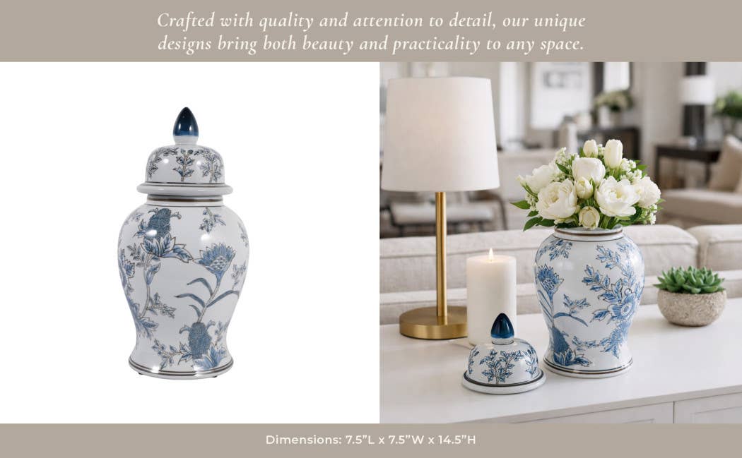 Decorative Jar - Blue/Brown Ceramic Floral Chinoiserie, 15in