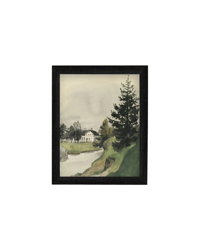 Muted Watercolor Lakeside Framed Antique Art - 11x15