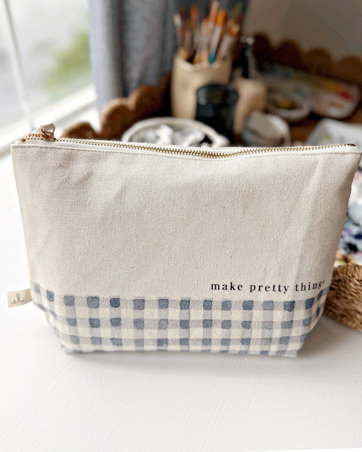 Canvas Zipper Pouch "make pretty things" - Gingham trim