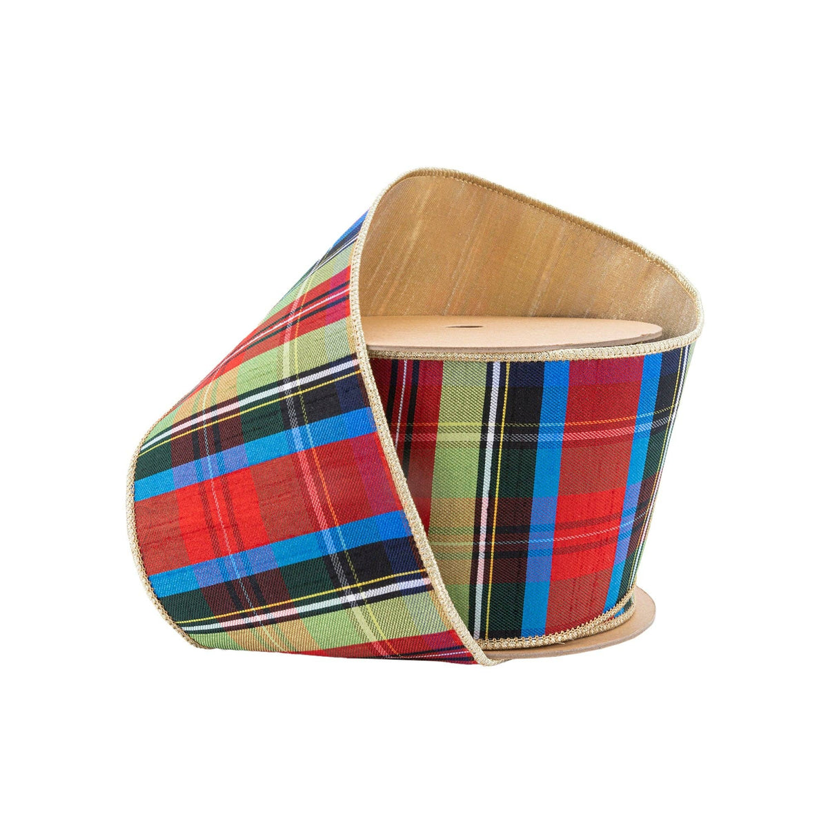 4" Wired Ribbon | Black/Lime/Red/Royal Plaid w/ Gold Backing | 10 Yds