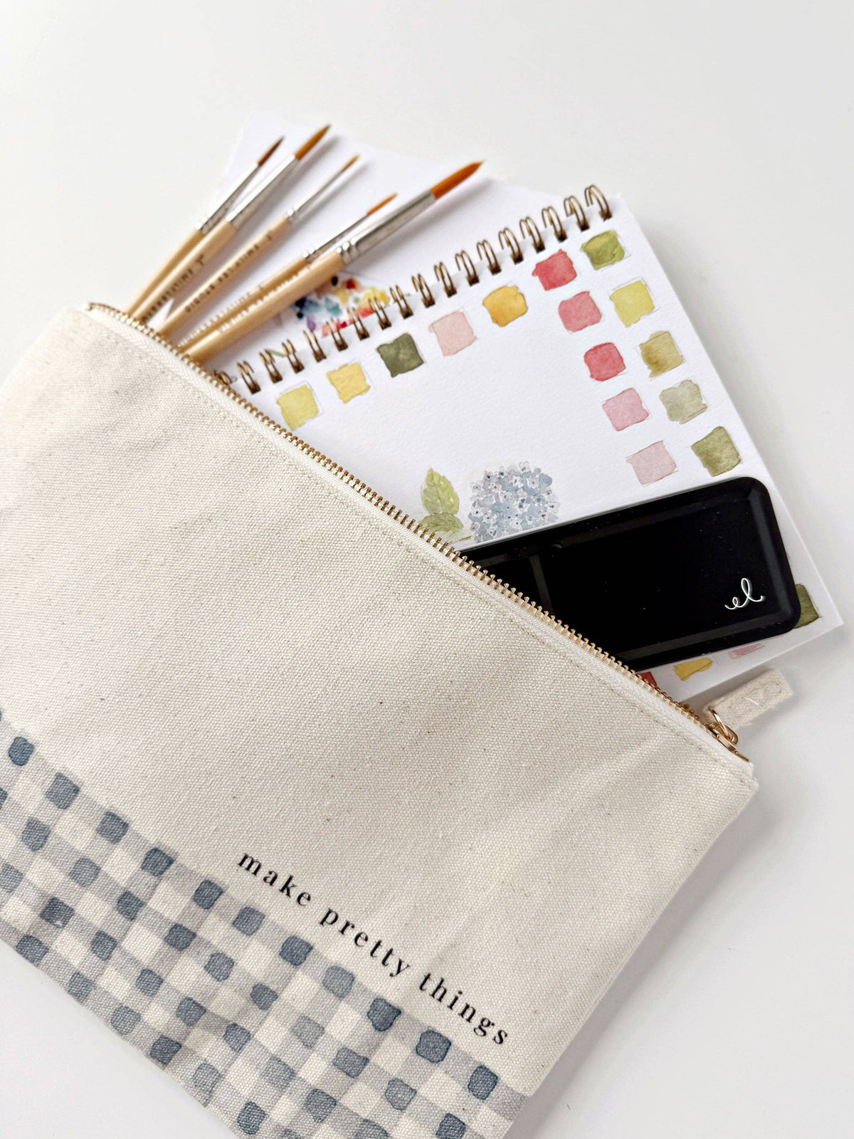 Canvas Zipper Pouch "make pretty things" - Gingham trim