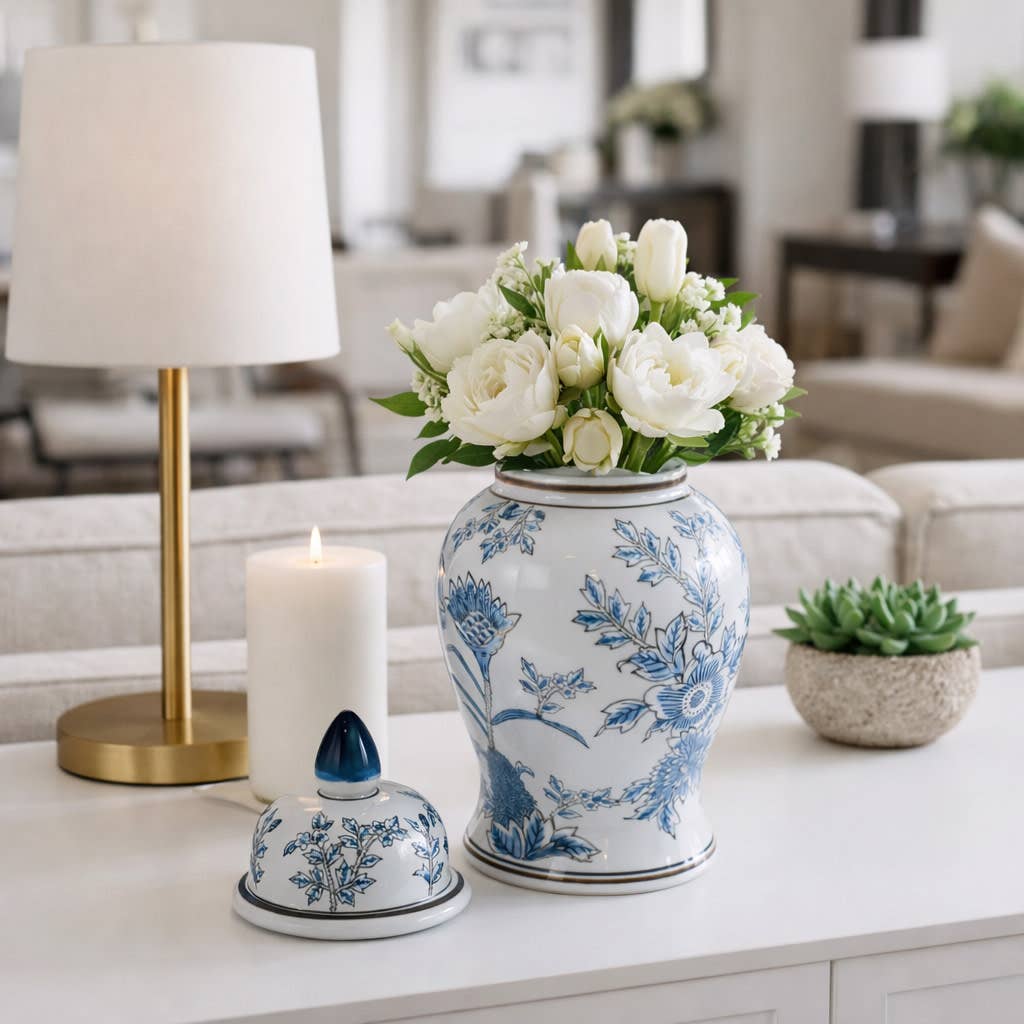 Decorative Jar - Blue/Brown Ceramic Floral Chinoiserie, 15in
