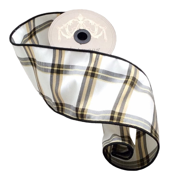 Ribbon - Silk Plaid - Gold, Black & White - 4" x 10 yds.
