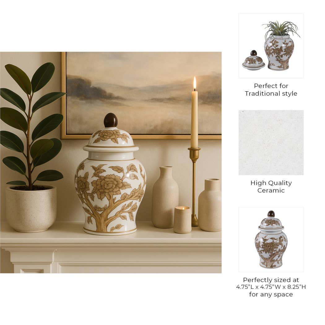 Brown & White Ceramic Tall Vessel with Lid, 8 in.