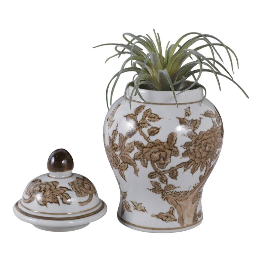 Brown & White Ceramic Tall Vessel with Lid, 8 in.