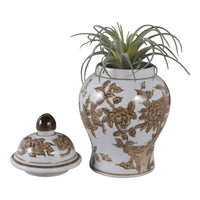 Brown & White Ceramic Tall Vessel with Lid, 8 in.
