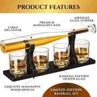 Baseball Bat Whiskey & Wine Decanter & Glasses