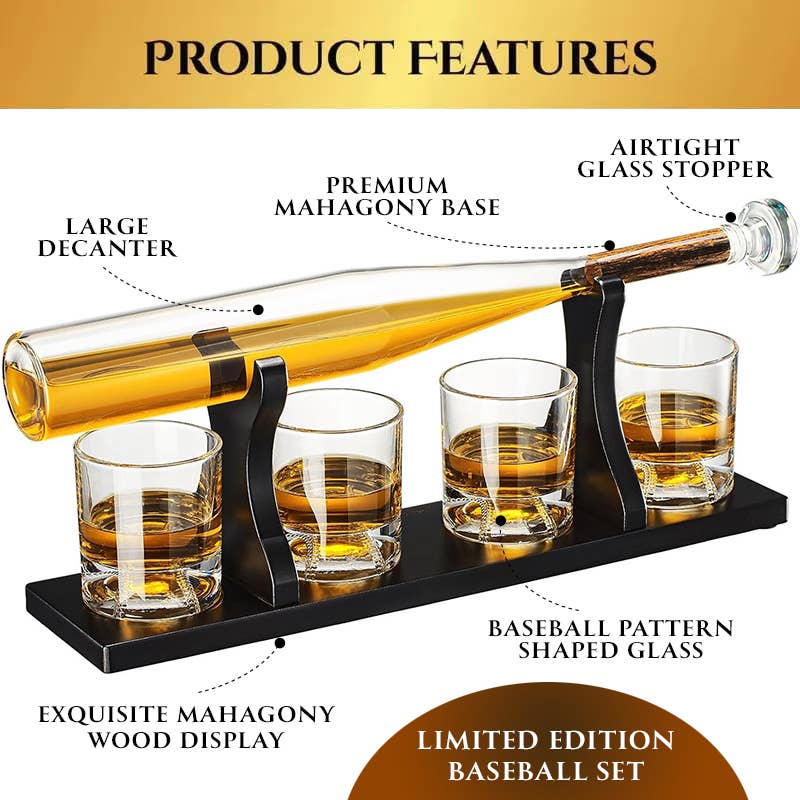 Baseball Bat Whiskey & Wine Decanter & Glasses