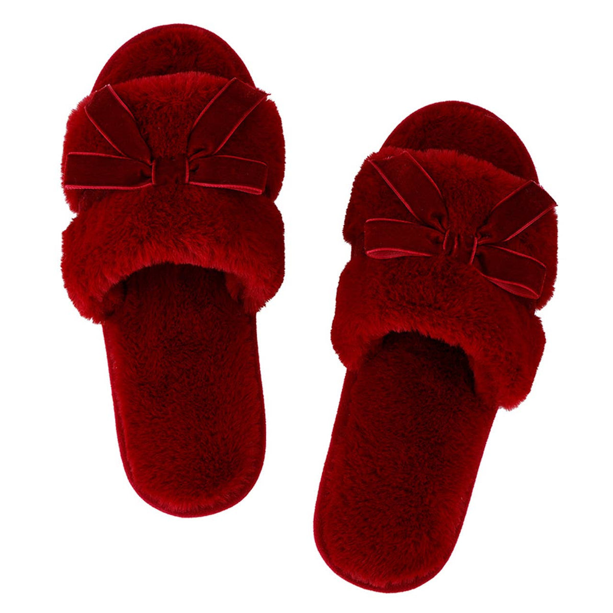 Plush Velvet Bow Slippers - Burgundy + Burgundy Velvet Bow