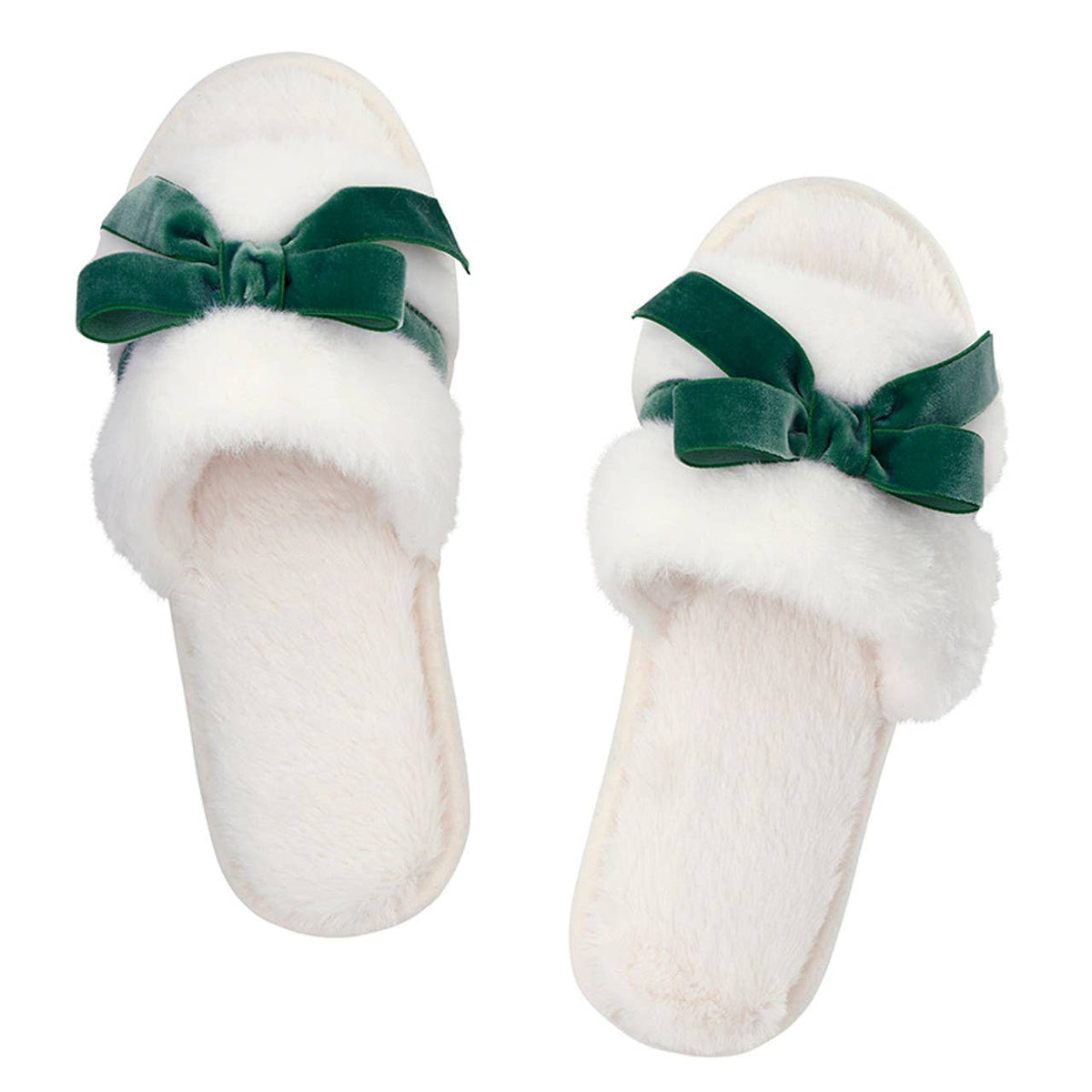 Plush Velvet Bow Slippers - Ivory + Forest Green Velvet Bow