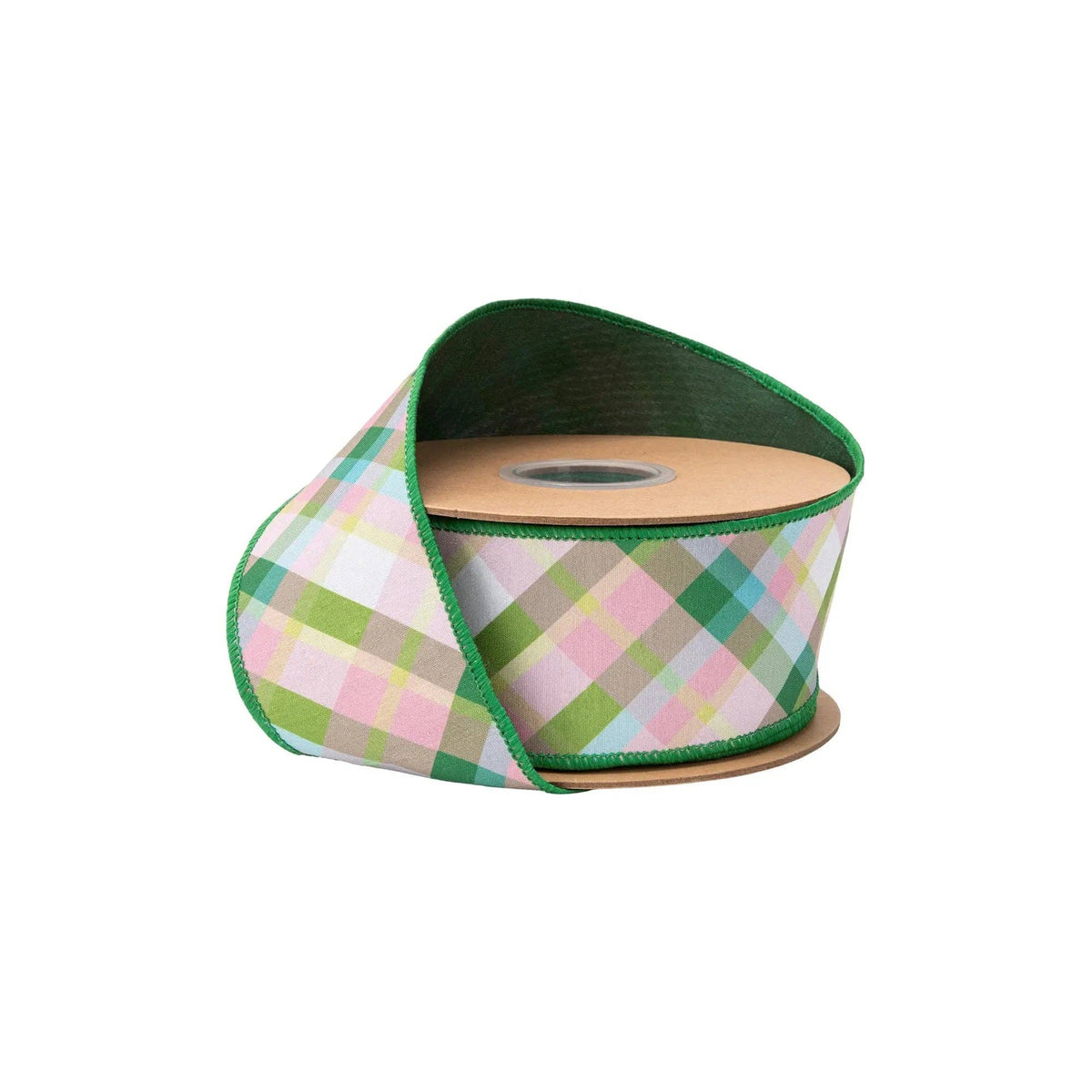 2 1/2" Wired Dupioni Ribbon | Pink And Green Bias Plaid W/ | Green Backing | 10 Yard Roll