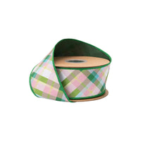 2 1/2" Wired Dupioni Ribbon | Pink And Green Bias Plaid W/ | Green Backing | 10 Yard Roll