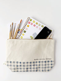 Canvas Zipper Pouch "make pretty things" - Gingham trim