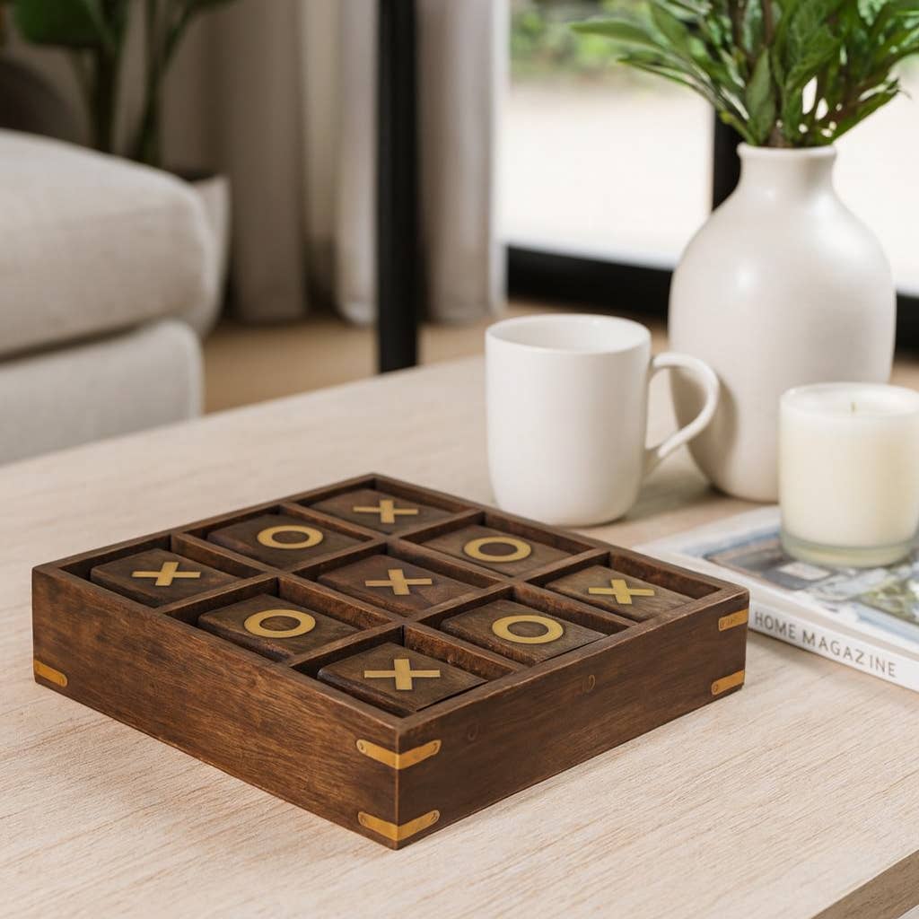 Board Game - Brown Wood/Metal Revolving Tic Tac Toe, 10 in.