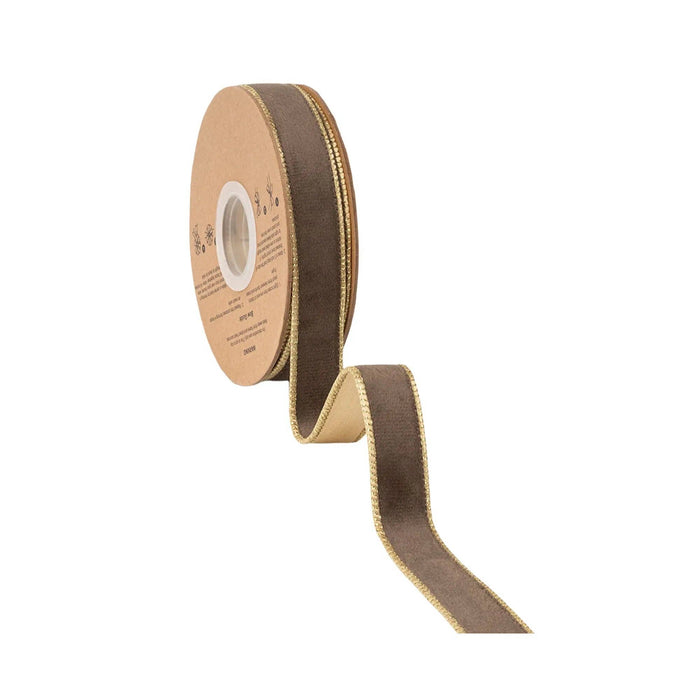 1" Reversible Velvet Wired Ribbon | Brown w/ Gold Shimmer Satin Backing | 10 Yds