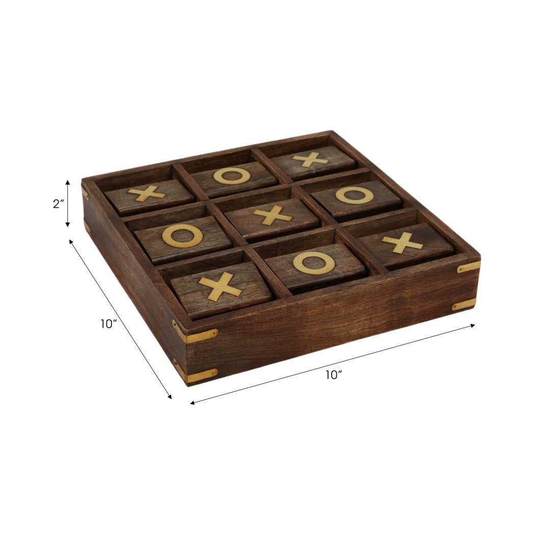Board Game - Brown Wood/Metal Revolving Tic Tac Toe, 10 in.