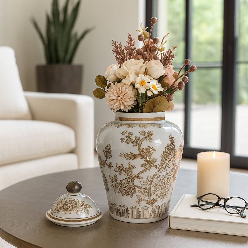 Brown/White Ceramic Chinoiserie Bird Vase, 12 in